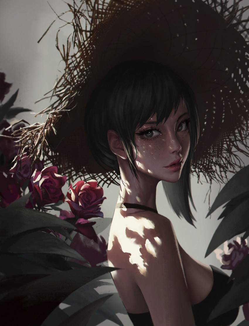 1girl bare_shoulders black_choker breasts chinese_commentary choker commentary_request eyelashes flower freckles green_eyes green_hair hat highres lips long_neck looking_at_viewer looking_back nose original portrait rose shadow short_hair sidelighting solo straw_hat upper_body wang_chen