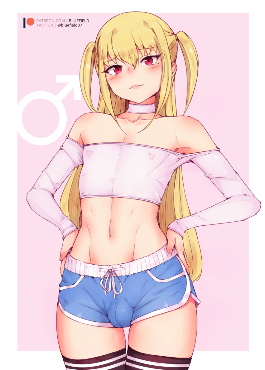 1boy absurdres artist_name bare_shoulders blonde_hair bluefield blush bulge commentary_request highres long_hair male_focus maria_holic midriff mole mole_under_eye navel otoko_no_ko patreon_username red_eyes shidou_mariya solo thighhighs twintails two_side_up