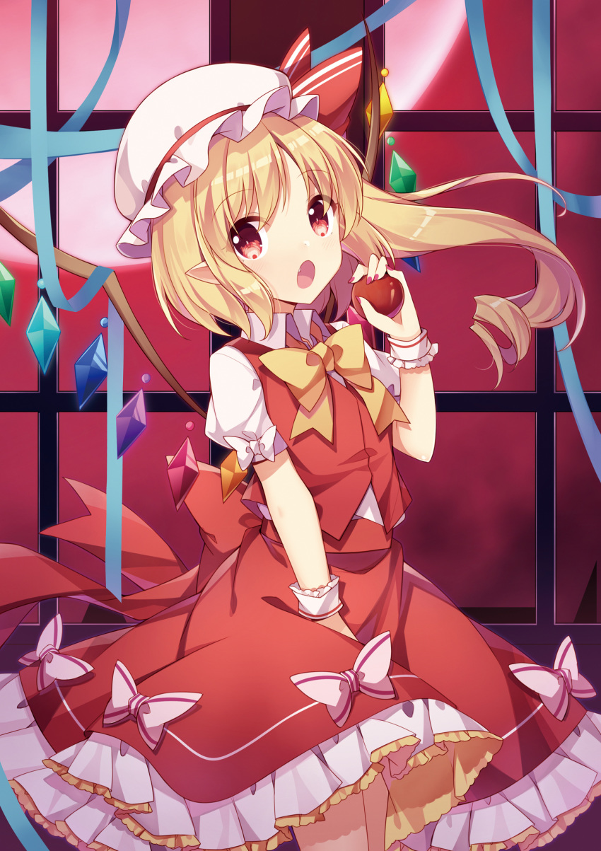 1girl amemiya_ruki apple bangs between_legs blonde_hair blue_ribbon blush bow collared_shirt commentary_request crystal eyebrows_visible_through_hair fang flandre_scarlet food frilled_skirt frills fruit full_moon hair_between_eyes hair_bow hand_between_legs hand_up hat highres holding holding_food indoors long_hair looking_at_viewer mob_cap moon nail_polish open_mouth partial_commentary pointy_ears puffy_short_sleeves puffy_sleeves purple_nails red_apple red_bow red_eyes red_skirt red_vest ribbon ringlets shirt short_sleeves side_ponytail sidelocks skirt solo touhou very_long_hair vest white_bow white_headwear white_shirt window wings wrist_cuffs