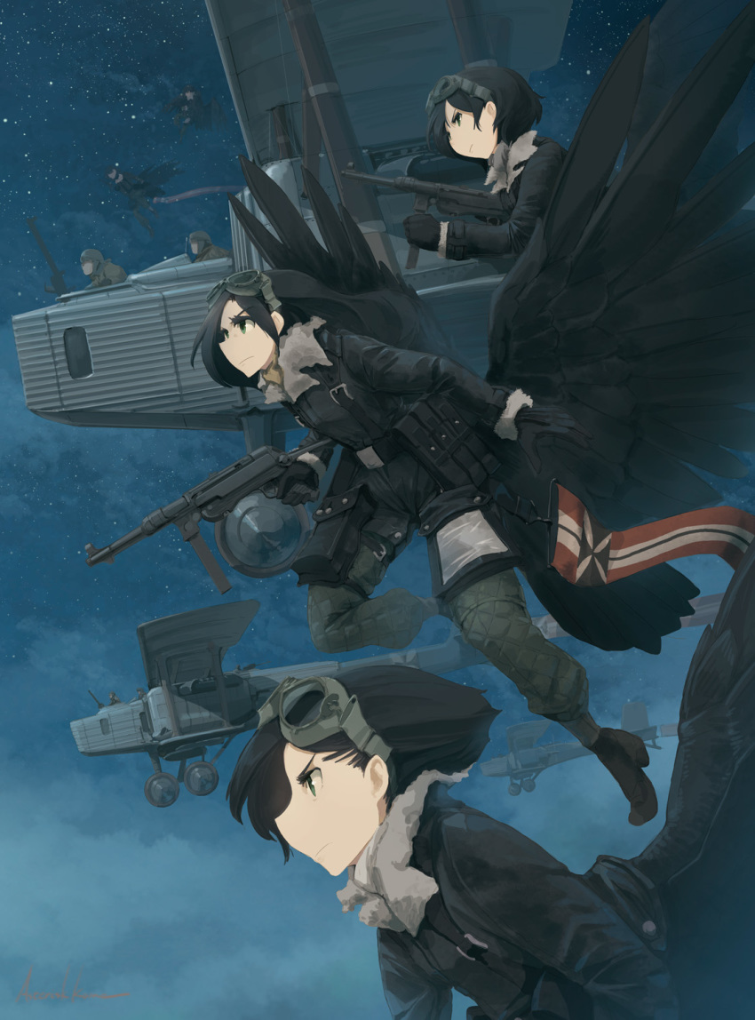 3girls aircraft airplane asterisk_kome bangs belt bird_wings black_eyes black_gloves black_hair black_jacket black_sky black_wings bomber bomber_jacket closed_mouth cloud cloudy_sky commentary flying frown gloves goggles goggles_on_head grey_pants gun harness highres holding holding_gun holding_weapon jacket jewelry laura_jumo long_hair long_sleeves low_wings military military_uniform military_vehicle mp40 multiple_girls multiple_others night night_sky outdoors pants pendant pouch short_hair sky star_(sky) starry_sky submachine_gun uniform utility_belt weapon weapon_request winged_fusiliers wings