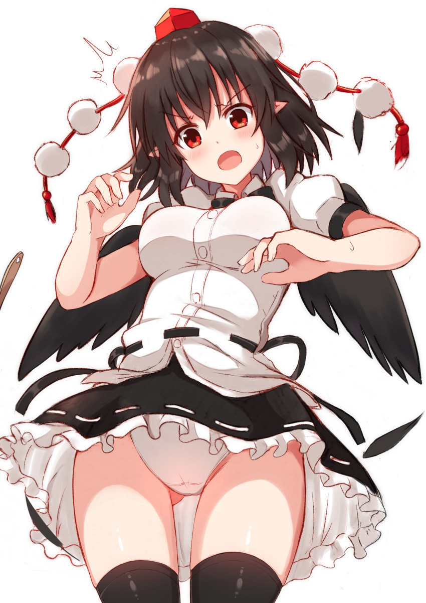 1girl black_hair black_legwear black_skirt black_wings breasts commentary_request feathered_wings feathers hat head_tilt highres looking_at_viewer medium_breasts medium_hair miniskirt panties pantyshot pointy_ears pom_pom_(clothes) puffy_short_sleeves puffy_sleeves red_eyes red_headwear ribbon-trimmed_skirt ribbon_trim shameimaru_aya shirt short_sleeves simple_background skirt solo sweat thighhighs tksand tokin_hat touhou underwear white_background white_panties white_shirt wings