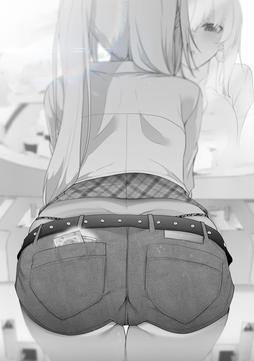 1girl animal_print ass belt commentary_request condom_in_clothes condom_wrapper denim denim_shorts from_behind gyaru highres lens_flare leopard_print mirror monochrome original panty_straps reflection ryouma_(galley) shorts solo thong twintails