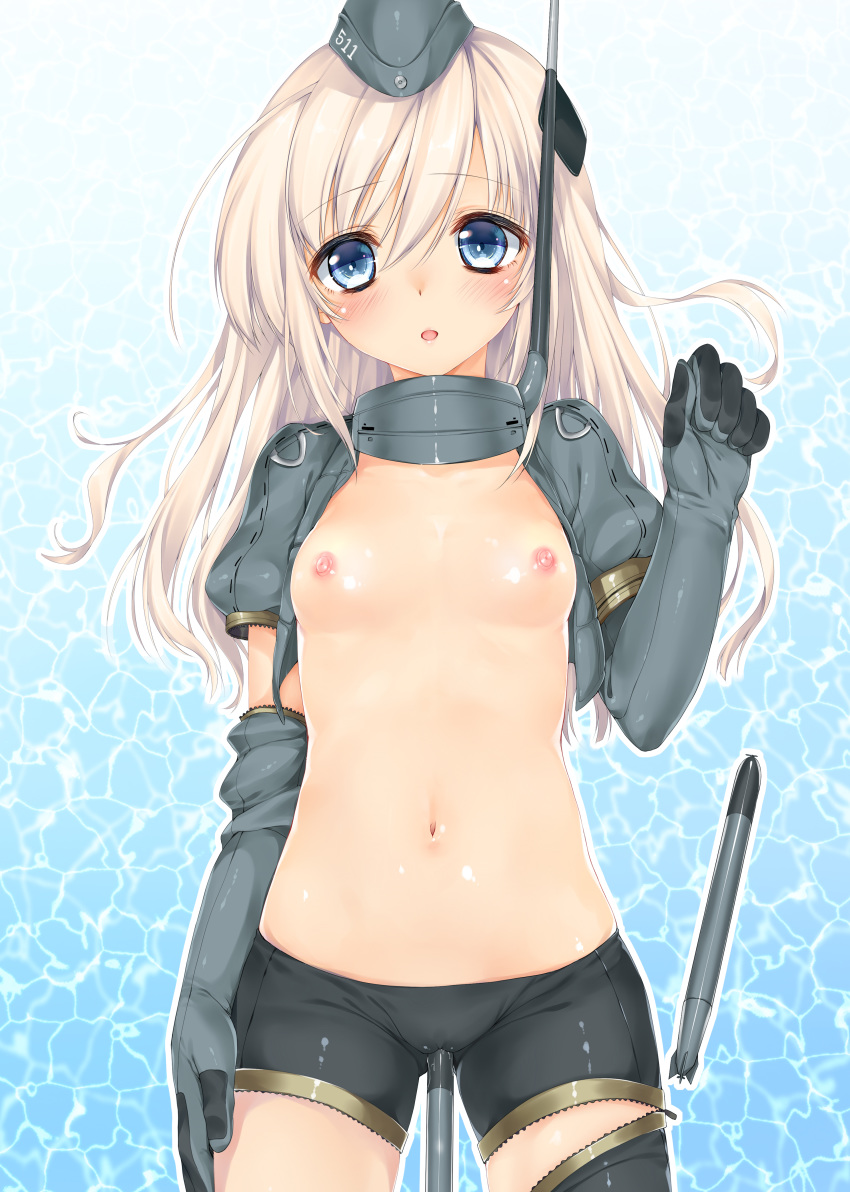 1girl absurdres blonde_hair blue_eyes blush breasts garrison_cap hair_ornament hat highres kantai_collection long_hair long_sleeves looking_at_viewer military military_uniform nipples obiwan open_mouth puffy_sleeves scan small_breasts solo torpedo u-511_(kantai_collection) uniform