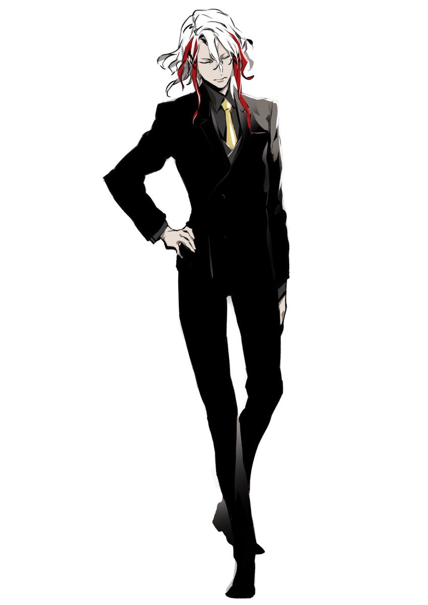 1boy alternate_costume arm_at_side black_footwear black_jacket black_pants black_shirt blazer closed_eyes closed_mouth collared_shirt dress_shirt fate/grand_order fate_(series) formal full_body hair_between_eyes hand_on_hip highres jacket long_sleeves male_focus miwa_shirou multicolored_hair necktie odysseus_(fate/grand_order) pants red_hair shirt shoes solo standing streaked_hair suit two-tone_hair white_hair yellow_neckwear