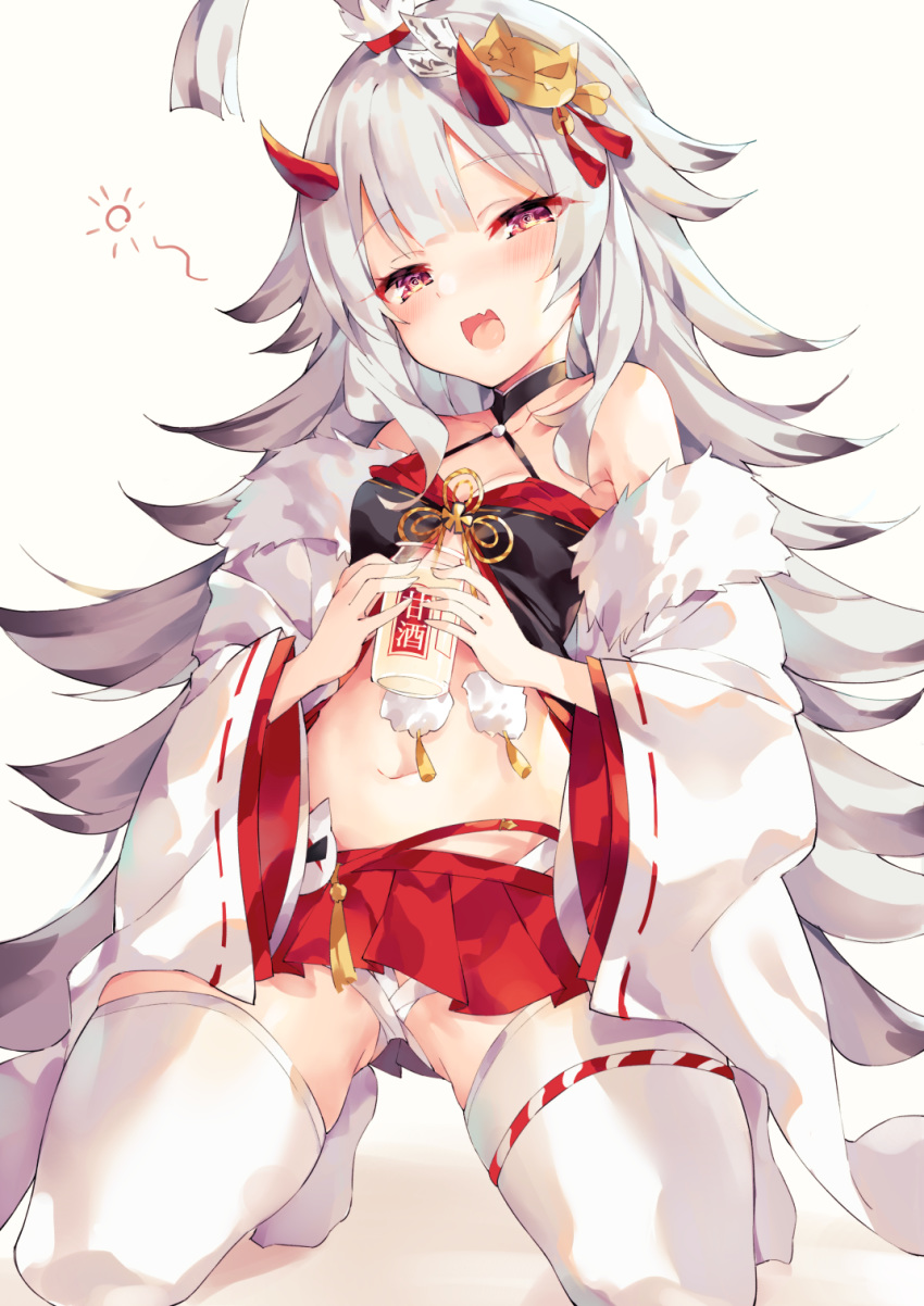 1girl :d @_@ ahoge ass_visible_through_thighs azur_lane bare_shoulders breasts crop_top fang fur_trim gradient_hair hair_ornament halter_top halterneck hibiki_(azur_lane) highres holding_jar horns jar kneeling long_hair long_sleeves looking_at_viewer midriff miniskirt multicolored_hair navel no_shoes off_shoulder open_mouth pleated_skirt red_eyes red_skirt silver_hair simple_background skindentation skirt sleeveless small_breasts smile solo stomach thighhighs unacchi_(nyusankin) very_long_hair white_background white_legwear wide_sleeves
