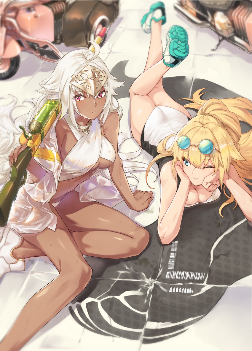 2girls absurdres ahoge ass back bangs blonde_hair blue_eyes blush braid breasts cleavage dark_skin eyewear_on_head fate/grand_order fate_(series) halter_top halterneck headpiece highres jeanne_d'arc_(fate)_(all) jeanne_d'arc_(swimsuit_archer) lakshmibai_(fate/grand_order) large_breasts long_hair looking_at_viewer lying multiple_girls ohland on_stomach one-piece_swimsuit one_eye_closed ponytail red_eyes shoes side_braids sitting smile sneakers sunglasses swimsuit twin_braids water_gun white_footwear white_hair white_swimsuit
