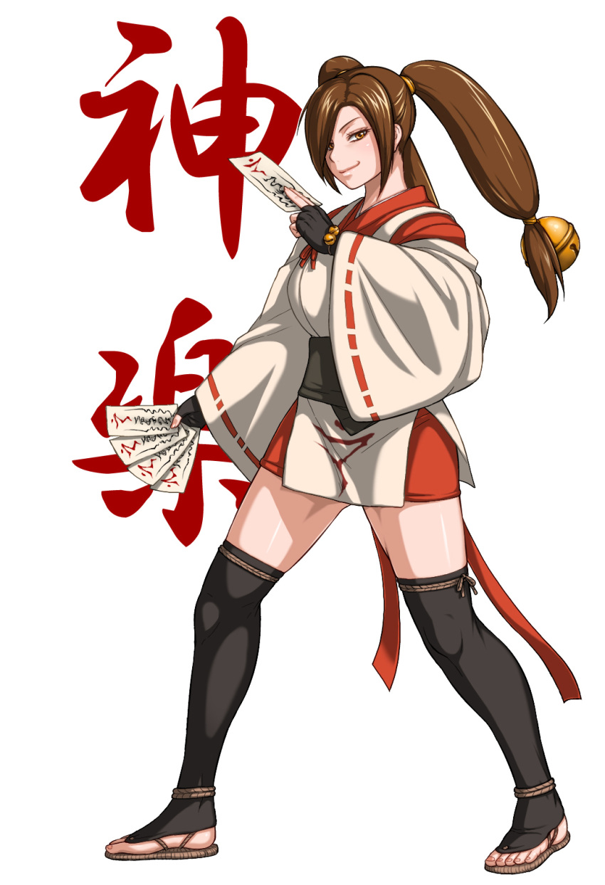 1girl bell black_legwear bouningen braid breasts brown_eyes brown_hair commentary_request full_body hair_bell hair_ornament hair_over_one_eye highres japanese_clothes jingle_bell kagura_(tenchu) kimono large_breasts ninja obi ofuda over-kneehighs pelvic_curtain sandals sash short_kimono smile smug solo tenchuu thighhighs thighs toeless_legwear toes twin_braids white_background wide_sleeves