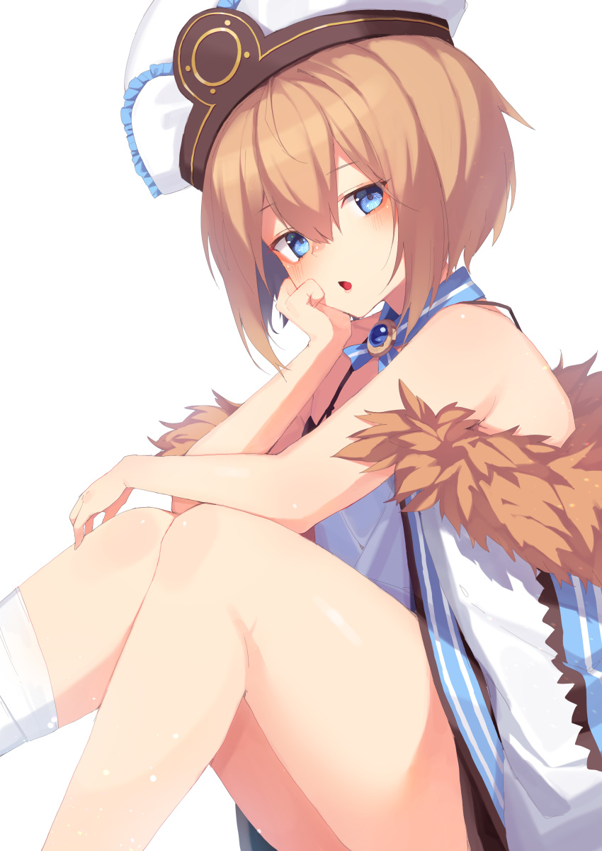 1girl absurdres ankle_ribbon arm_on_knee bare_legs bare_shoulders blanc blancpig_yryr blue_eyes blush brown_hair coat dress from_side fur-trimmed_coat fur_trim hair_between_eyes hand_on_own_cheek hat highres knees_together_feet_apart knees_up looking_at_viewer looking_to_the_side neptune_(series) open_mouth ribbon short_hair simple_background sitting solo spaghetti_strap thighs white_background white_coat white_dress white_headwear white_ribbon