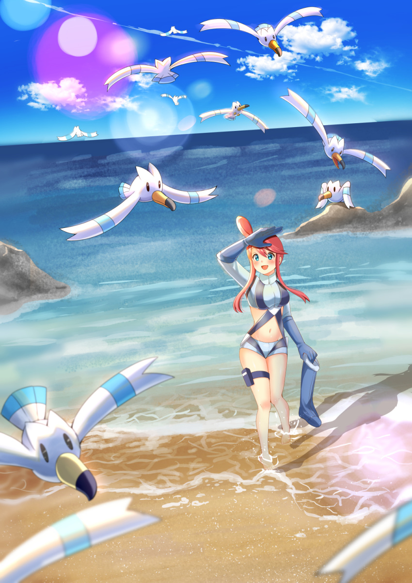 1girl :d arisu_(mikannjs) bangs barefoot beach belt bird blue_belt blue_eyes blue_footwear blue_gloves blue_jacket blue_shorts blue_sky blurry_foreground blush boots breasts cloud commentary cropped_jacket day elbow_gloves eyebrows_visible_through_hair flying footwear_removed from_above full_body fuuro_(pokemon) gen_3_pokemon gloves groin gym_leader hand_up highres holster horizon jacket knee_boots large_breasts lens_flare long_sleeves looking_up midriff navel ocean one_side_up open_mouth outdoors pilot_suit pokemon pokemon_(creature) pokemon_(game) pokemon_bw red_hair rock sand seagull shadow short_shorts shorts sidelocks sky smile solo_focus swept_bangs thigh_holster wading water wingull