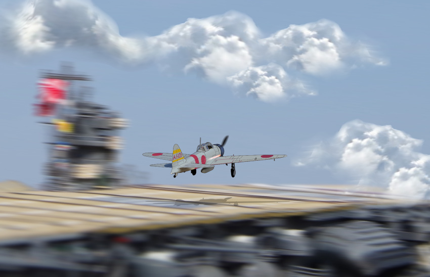 a6m_zero absurdres aircraft aircraft_carrier airplane cloud day flight_deck highres imperial_japanese_navy military military_vehicle ocean original ship sky soranokakera01 taking_off warship watercraft weapon world_war_ii