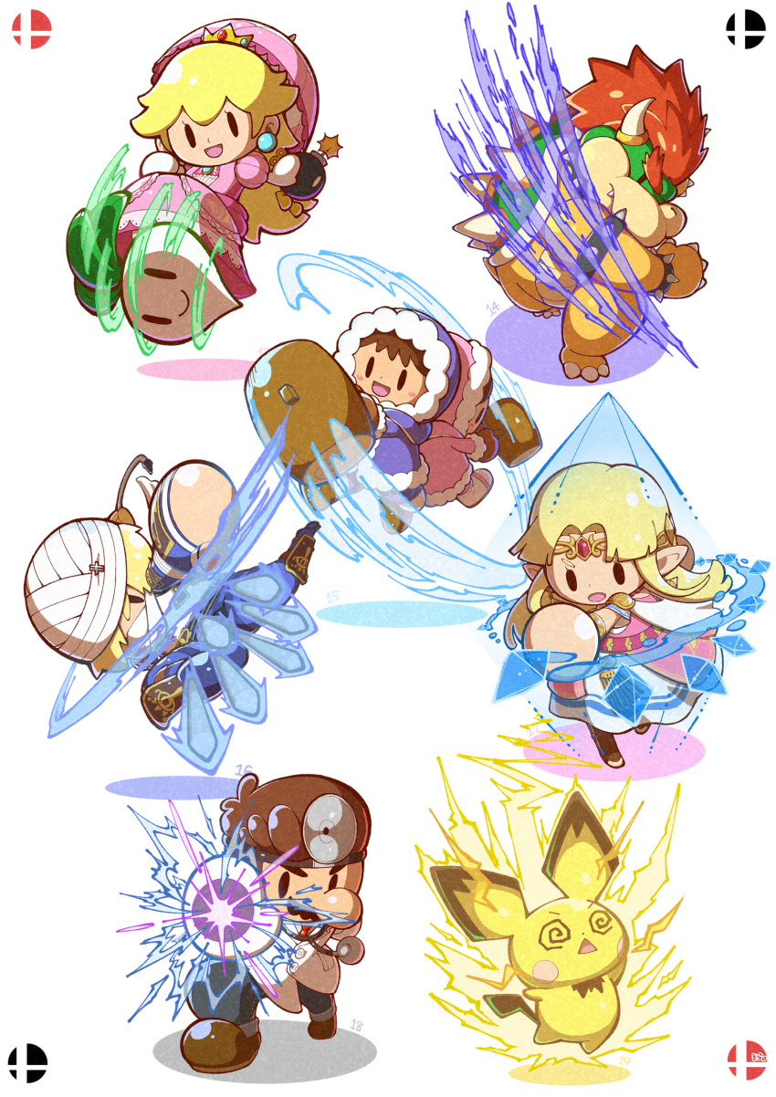 04sora40 3boys 4girls :o blonde_hair blush_stickers bob-omb bowser bracelet brown_footwear brown_hair chibi circlet crown dr._mario dr._mario_(game) dress electricity facial_hair floating gen_2_pokemon gloves greaves hammer head_mirror highres horns ice_climber jewelry knife lit_fuse mallet mario_(series) multiple_boys multiple_girls mustache nana_(ice_climber) necktie orange_hair parasol pichu pink_dress pink_umbrella pointy_ears pokemon pokemon_(creature) pokemon_(game) popo_(ice_climber) princess_peach princess_zelda puffy_short_sleeves puffy_sleeves red_neckwear sheik short_sleeves slashing spiked_bracelet spikes spinning stethoscope super_smash_bros. the_legend_of_zelda the_legend_of_zelda:_ocarina_of_time turnip umbrella white_gloves white_headwear winding_key