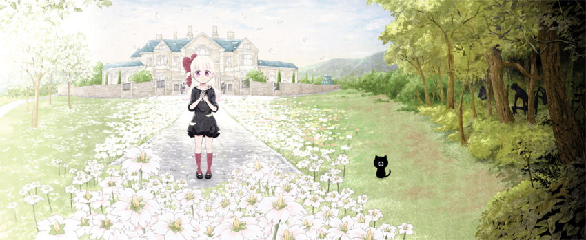 1girl black_dress bow building bush cat coco_(kuro) commentary_request day dress flower grass hands_on_own_chest hill kuro_(kuro) kuro_(manga) long_hair looking_at_viewer mansion monster official_art outdoors plant sharp_teeth shoes soumatou_(mayoibashi) stairs standing teeth tree twintails wall white_hair