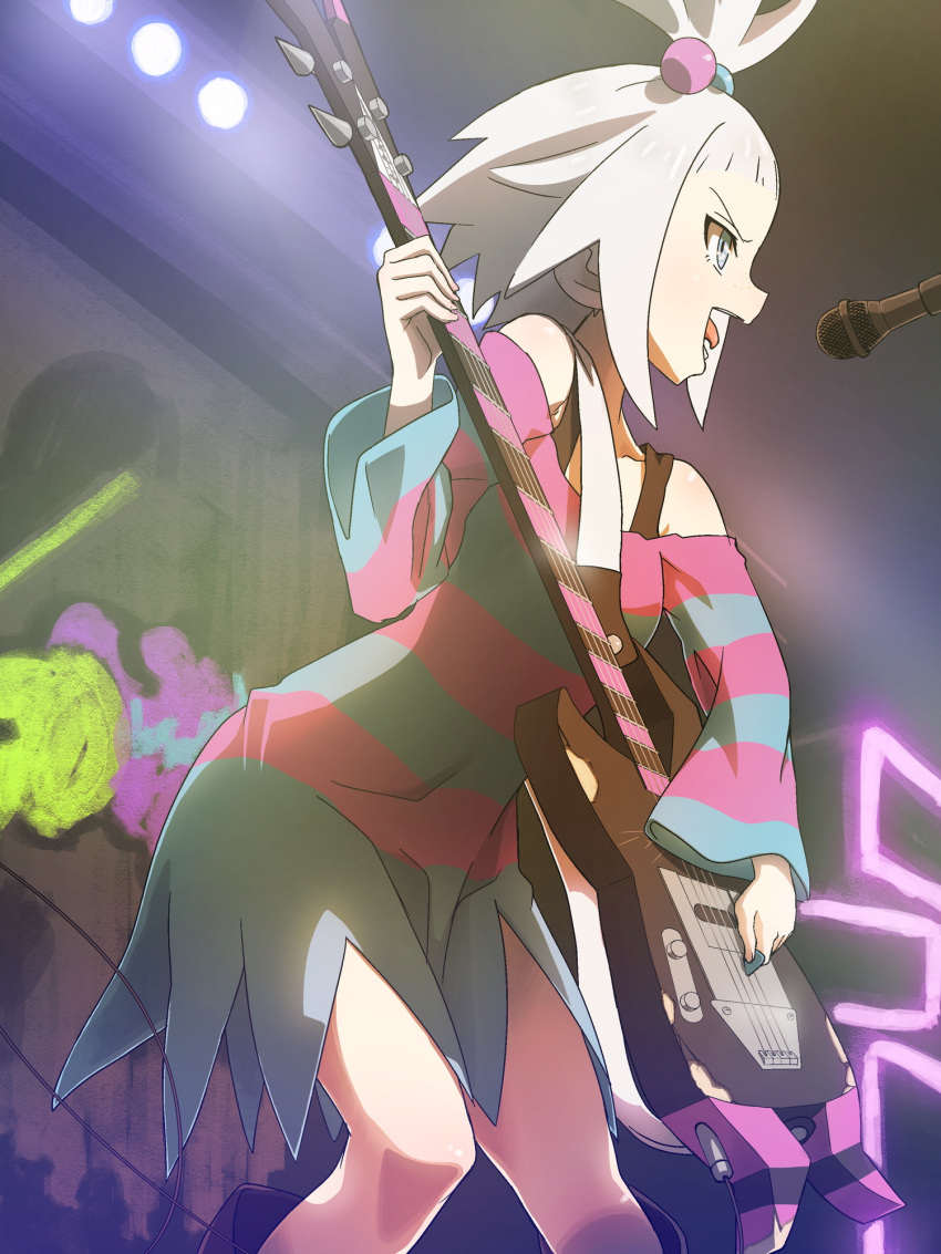 1girl bare_shoulders bare_thighs bass_guitar blue_dress blue_eyes breasts cable commentary_request cowboy_shot dress forehead freckles from_below graffiti gym_leader hair_bobbles hair_ornament highres holding_plectrum homika_(pokemon) indoors instrument leaning_forward left-handed long_sleeves looking_to_the_side microphone music off-shoulder_dress off_shoulder open_mouth pink_dress playing_instrument plectrum pokemon pokemon_(game) pokemon_bw2 sidelocks singing small_breasts solo stage stage_lights standing striped striped_dress tongue topknot wall white_hair wide_sleeves yachi_(fujiyasu0616)