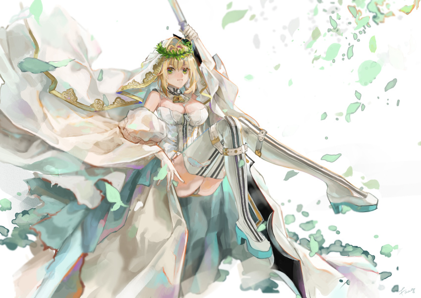 1girl absurdres aestus_estus ahoge ass bangs bare_shoulders belt blonde_hair boots breasts bridal_veil chain cleavage crossed_legs detached_sleeves elbow_gloves fang_qiao fate/extra fate/extra_ccc fate_(series) full-length_zipper gloves green_eyes hair_between_eyes hair_intakes head_wreath high_heel_boots high_heels highres large_breasts legs leotard lock long_hair looking_at_viewer nero_claudius_(bride)_(fate) nero_claudius_(fate)_(all) padlock petals puffy_detached_sleeves puffy_sleeves simple_background smile solo sword thigh_boots thighhighs veil weapon white_background white_footwear white_gloves white_leotard wide_sleeves zipper zipper_pull_tab