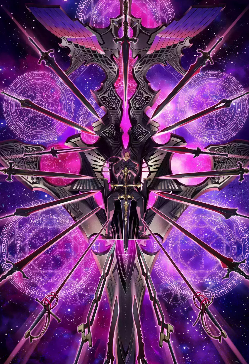 1boy absurdres dies_irae_pantheon formal g_yuusuke hair_over_one_eye hair_slicked_back hands_clasped hands_on_hilt highres looking_at_viewer low_ponytail magic_circle muzan necktie official_art own_hands_together purple_eyes purple_hair smile solo space star_(sky) suit sword throne weapon