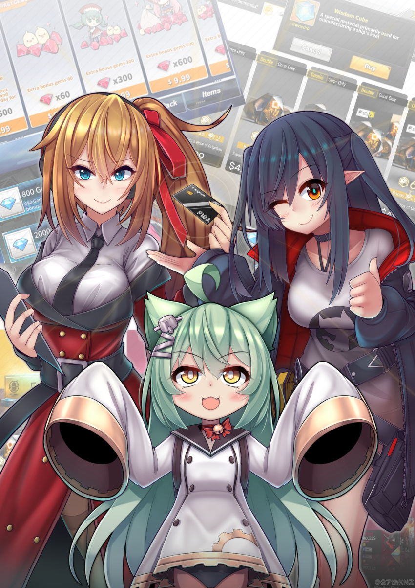 3girls ahoge akashi_(azur_lane) arknights azur_lane bell belt bird black_hair black_jacket black_legwear black_panties black_sailor_collar blue_eyes bow bowtie brand_name_imitation brown_legwear buttons card chick choker closure_(arknights) coat commentary credit_card crossover diamond_(gemstone) dress english_commentary eyebrows_visible_through_hair fang girls_frontline glowworm_(azur_lane) green_hair hair_between_eyes hair_ornament hair_ribbon hairclip highres holding holding_card jacket jingle_bell kalina_(girls_frontline) kuronekozero long_hair manjuu_(azur_lane) mental_cube_(azur_lane) multiple_girls necktie one_eye_closed open_mouth orange_eyes orange_hair panties pantyhose pointy_ears print_shirt red_bow red_coat red_ribbon ribbon ruby_(gemstone) sailor_collar sailor_dress shirt sleeves_past_fingers sleeves_past_wrists smile t-shirt thumbs_up trait_connection underwear white_dress white_shirt yellow_eyes