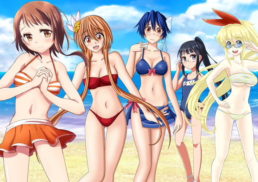 5girls beach bikini black_hair blue_eyes blue_hair bow brown_eyes brown_hair grey_eyes highres kirisaki_chitoge long_hair miyamoto_ruri multiple_girls navel nisekoi onodera_kosaki pose red_bow seraphina strapless sunglasses swimsuit tachibana_marika tsugumi_seishirou tubetop yellow_eyes