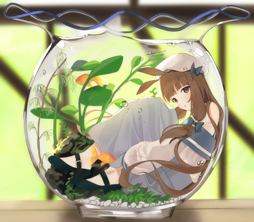 1girl :o air_bubble animal animal_ears bare_shoulders beret black_footwear blue_bow blurry blurry_background bow brown_eyes brown_hair bubble bunny_ears commentary depth_of_field english_commentary fish fishbowl goldfish grey_skirt hair_bow hat high_heels highres idemitsu long_hair looking_at_viewer off-shoulder_shirt off_shoulder original parted_lips pleated_skirt shirt shoes sidelocks skirt solo submerged very_long_hair water white_headwear white_shirt