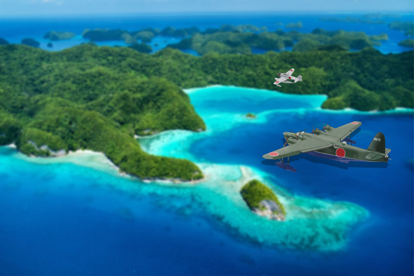 a6m2-n aircraft airplane beach cloud day floating flying flying_boat h8k highres imperial_japanese_navy island landscape military nature ocean original outdoors propeller seaplane sky soranokakera01 tree water world_war_ii