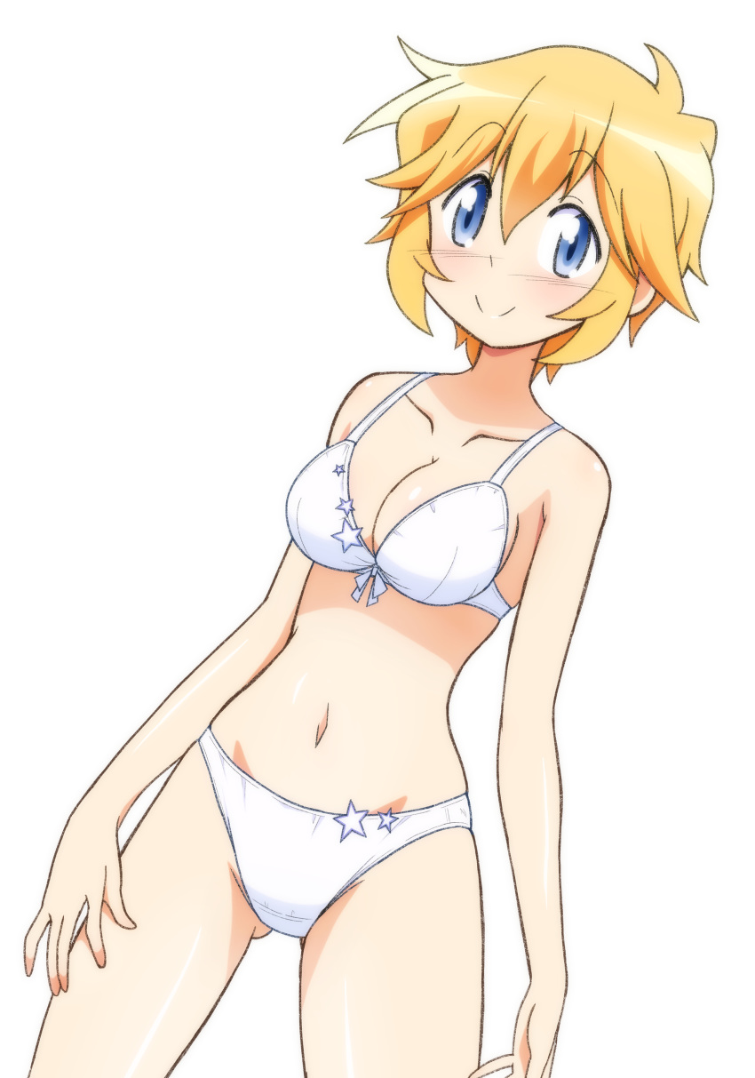 1girl absurdres ahoge ass_visible_through_thighs bangs bikini blonde_hair blue_eyes blush breasts cleavage collarbone eyebrows_visible_through_hair hair_between_eyes hand_on_leg highres looking_at_viewer lucky_star medium_breasts men_(artist) navel patricia_martin shiny shiny_hair shiny_skin short_hair sideboob sidelocks simple_background smile solo swimsuit white_background white_bikini white_swimsuit