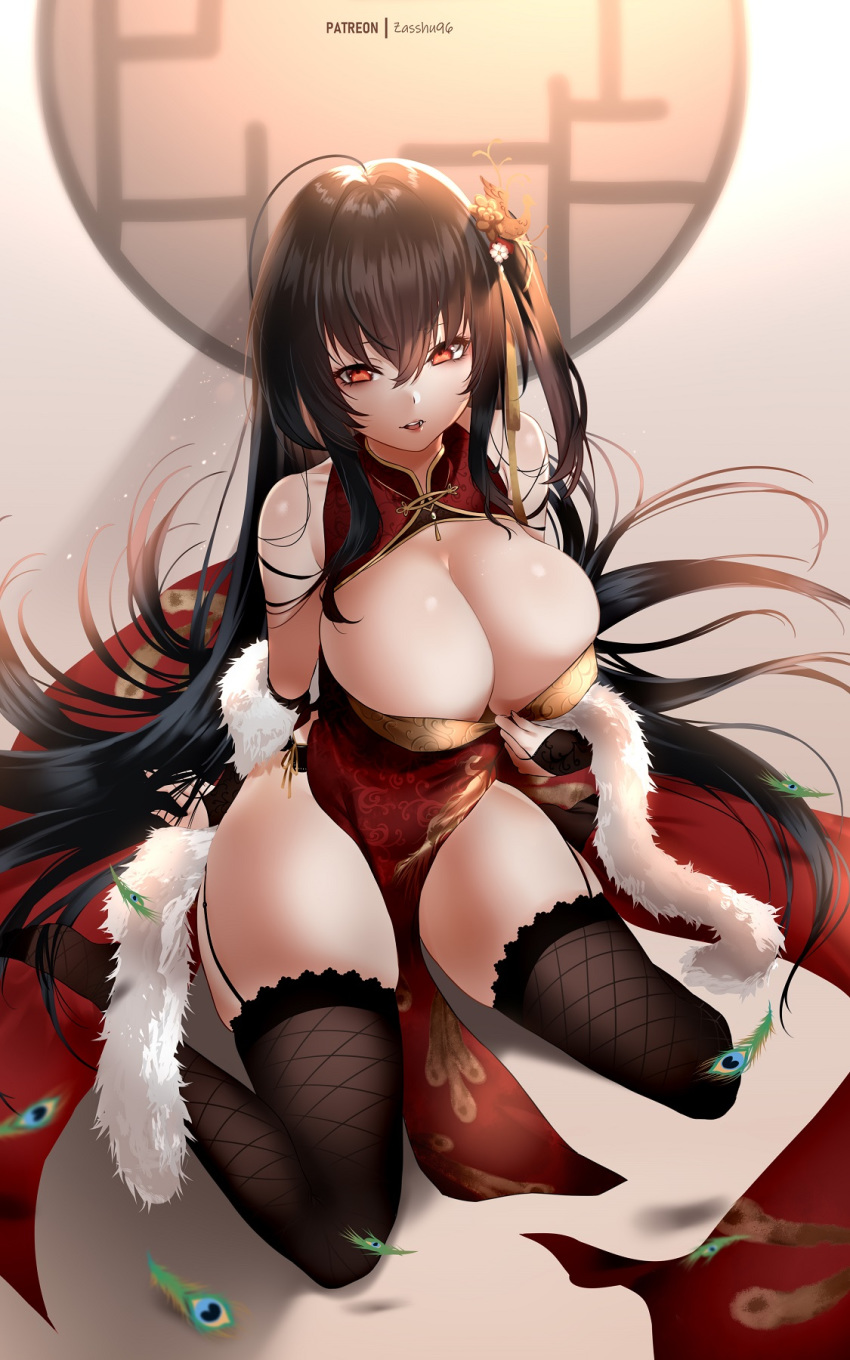 1girl azur_lane backlighting bangs black_hair breasts bridal_gauntlets china_dress chinese_clothes cleavage cleavage_cutout dress feather_boa fishnet_legwear fishnets garter_straps hair_between_eyes highres large_breasts long_hair looking_at_viewer parted_lips peacock_feathers pelvic_curtain red_dress red_eyes side_slit sitting solo taihou_(azur_lane) taihou_(phoenix's_spring_song)_(azur_lane) thighhighs thighs wariza zasshu