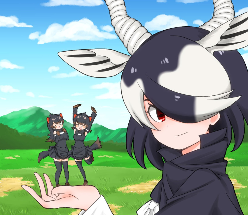 3girls antelope_ears antelope_horns apron arms_up australian_devil_(kemono_friends) bare_shoulders black_apron black_cape black_hair black_legwear black_skirt blackbuck_(kemono_friends) blouse brown_footwear brown_gloves brown_hair cape commentary_request detached_sleeves extra_ears eyebrows_visible_through_hair eyepatch forced_perspective gloves hair_over_one_eye kemono_friends kemono_friends_3 loafers long_hair long_sleeves looking_at_viewer medical_eyepatch multicolored_hair multiple_girls open_mouth pleated_skirt pon1006mrn red_eyes shoes short_hair skirt sleeveless smile standing standing_on_one_leg tasmanian_devil_(kemono_friends) tasmanian_devil_ears tasmanian_devil_tail thighhighs white_blouse white_hair zettai_ryouiki