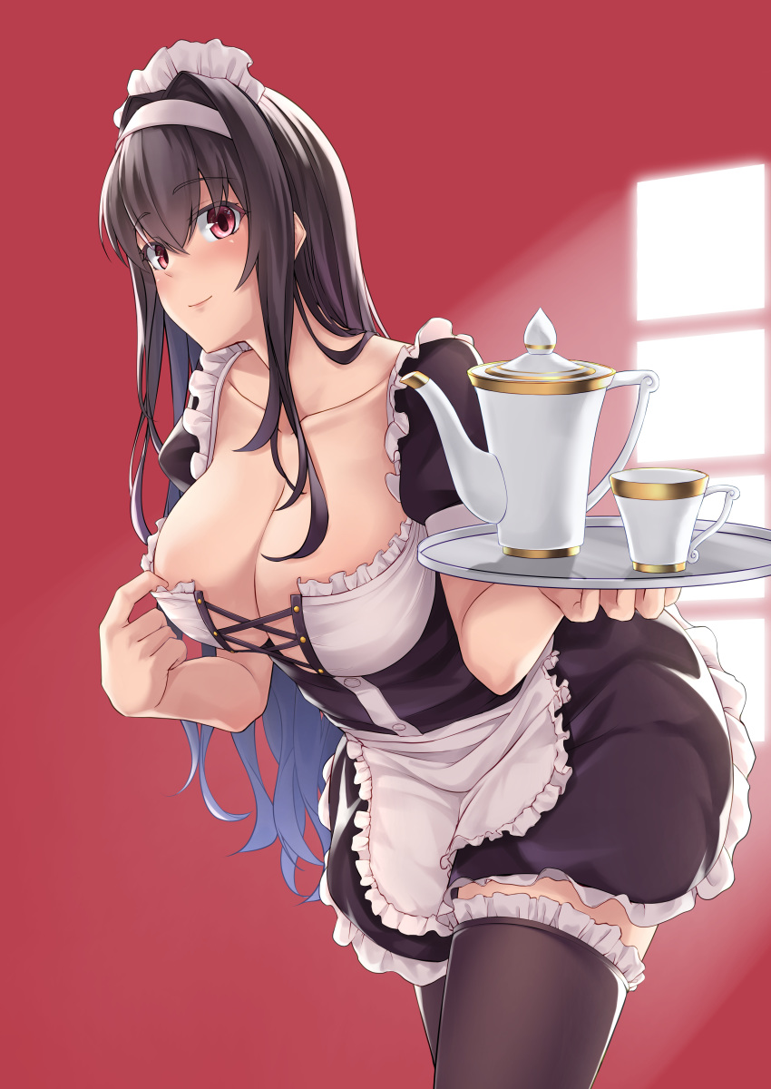 1girl absurdres alternate_costume apron bangs black_dress black_hair black_legwear breasts cleavage closed_mouth collarbone commentary_request crossed_bangs cup dress enmaided eyebrows_visible_through_hair frilled_apron frilled_legwear frills hair_between_eyes hair_intakes highres holding holding_tray kasumigaoka_utaha large_breasts leaning_forward light_(sdga5524) long_hair looking_at_viewer maid maid_apron maid_headdress puffy_short_sleeves puffy_sleeves purple_eyes red_background saenai_heroine_no_sodatekata short_dress short_sleeves sidelocks simple_background smile solo tea tea_set teacup teapot thighhighs tray very_long_hair waist_apron white_apron window wrist_cuffs