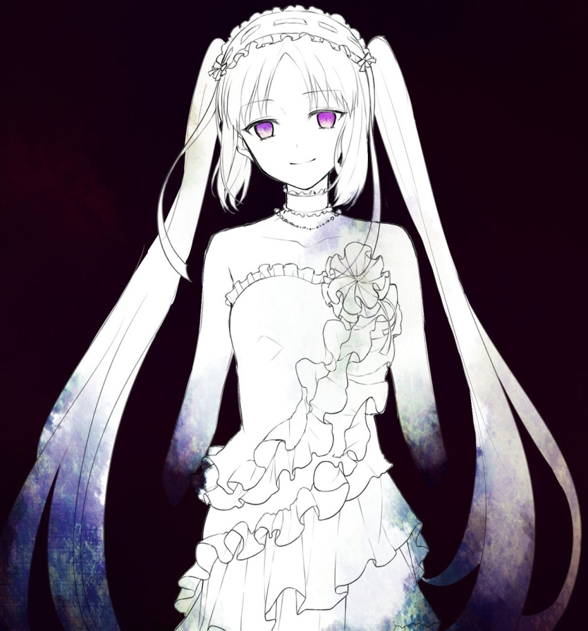 1girl bangs chisumi closed_mouth dress eyebrows_visible_through_hair fate/hollow_ataraxia fate_(series) frilled_hairband frills hairband head_tilt highres long_hair looking_at_viewer parted_bangs purple_theme sleeveless sleeveless_dress smile solo spot_color stheno strapless strapless_dress twintails very_long_hair white_skin