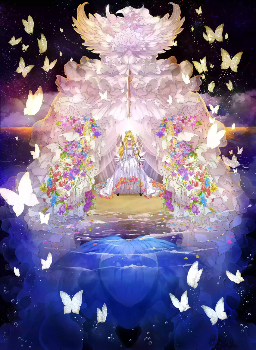 1girl absurdres ahoge blonde_hair bubble bug butterfly dies_irae dies_irae_pantheon dress flower flower_trim frills g_yuusuke green_eyes hair_flower hair_ornament hand_on_own_leg highres insect long_hair looking_at_viewer lotus marie_(dies_irae) official_art smile solo space staff throne walking_stick waves white_dress
