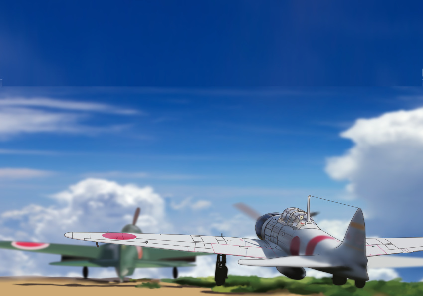 a6m_zero absurdres aircraft airplane cloud day highres kantai_collection military military_vehicle propeller runway sky soranokakera01 taking_off world_war_ii