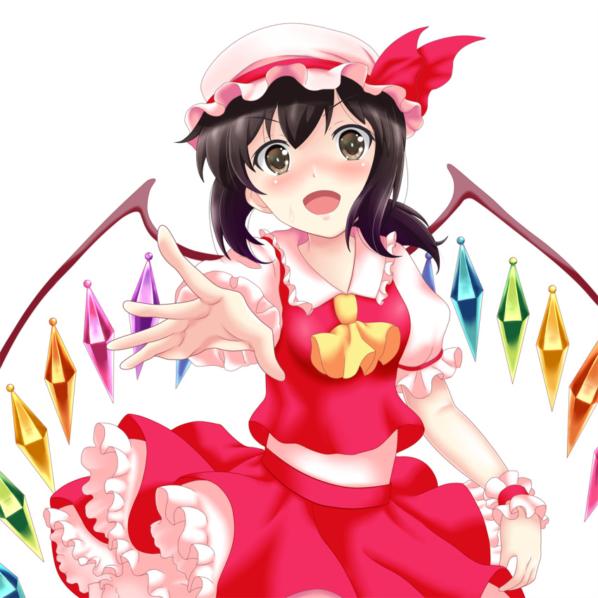 1girl ascot bat_wings black_eyes black_hair commentary_request cosplay crystal dress flandre_scarlet flandre_scarlet_(cosplay) frilled_dress frills fubuki_(kantai_collection) hat highres kantai_collection long_hair looking_at_viewer low_ponytail mob_cap nendoroya pink_headwear ponytail puffy_short_sleeves puffy_sleeves red_dress short_ponytail short_sleeves sidelocks simple_background smile solo touhou white_background wings wrist_cuffs yellow_neckwear