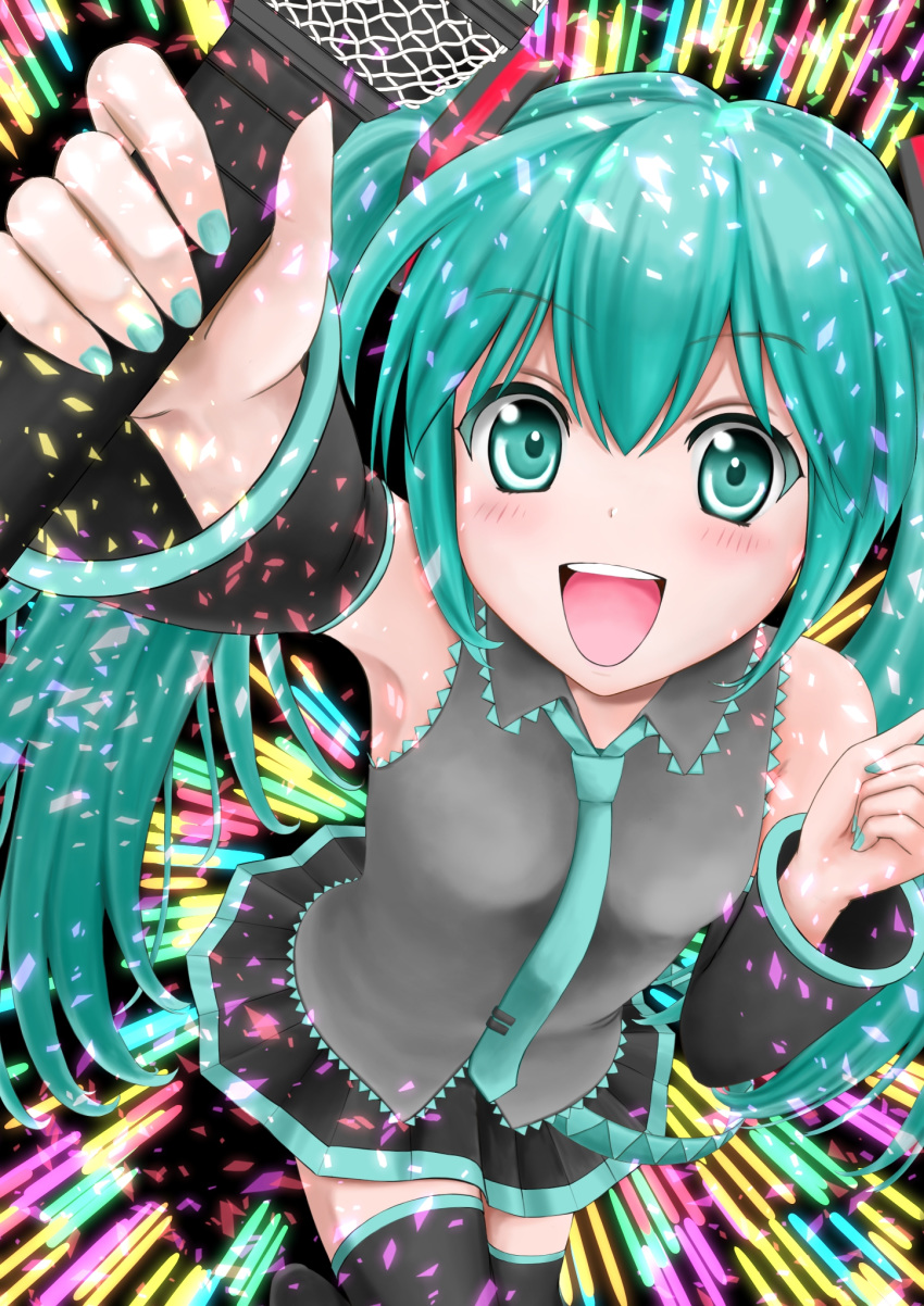 1girl :d aqua_hair aqua_nails aqua_neckwear arm_up armpits arms_up bare_shoulders black_legwear black_skirt blush bosutonii commentary_request cowboy_shot detached_sleeves eyebrows_visible_through_hair fingernails foreshortening green_eyes grey_shirt hair_between_eyes hatsune_miku highres holding holding_microphone leaning_forward light_trail long_hair looking_at_viewer microphone nail_polish necktie open_mouth shirt skirt smile solo thighhighs twintails upper_teeth vocaloid