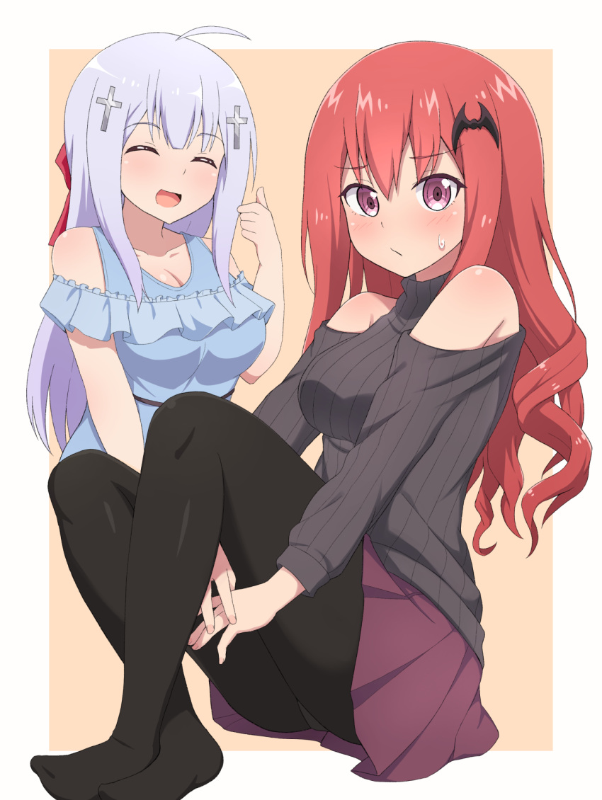 2girls alternate_hairstyle bangs bare_shoulders bat_hair_ornament black_legwear blush breasts closed_eyes commentary_request cross_hair_ornament eyebrows_visible_through_hair gabriel_dropout hair_ornament hands_under_legs highres kurumizawa_satanichia_mcdowell leg_hug long_hair long_sleeves medium_breasts multiple_girls no_shoes nyaroon off_shoulder open_mouth pantyhose pleated_skirt purple_eyes red_hair shiraha_raphiel_ainsworth shoulder_cutout silver_hair sitting skirt smile sweater