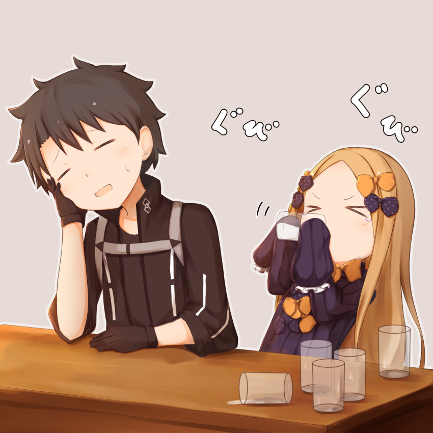 &gt;_&lt; 1boy 1girl abigail_williams_(fate/grand_order) bangs black_bow black_dress black_gloves black_hair black_jacket black_shirt blonde_hair bow closed_eyes commentary_request cup dress drinking drinking_glass fate/grand_order fate_(series) forehead fujimaru_ritsuka_(male) gloves hair_bow highres holding holding_cup jacket long_hair long_sleeves milk open_clothes open_jacket orange_bow parted_bangs polar_chaldea_uniform polka_dot polka_dot_bow shirt sleeves_past_fingers sleeves_past_wrists su_guryu tears uniform v-shaped_eyebrows very_long_hair