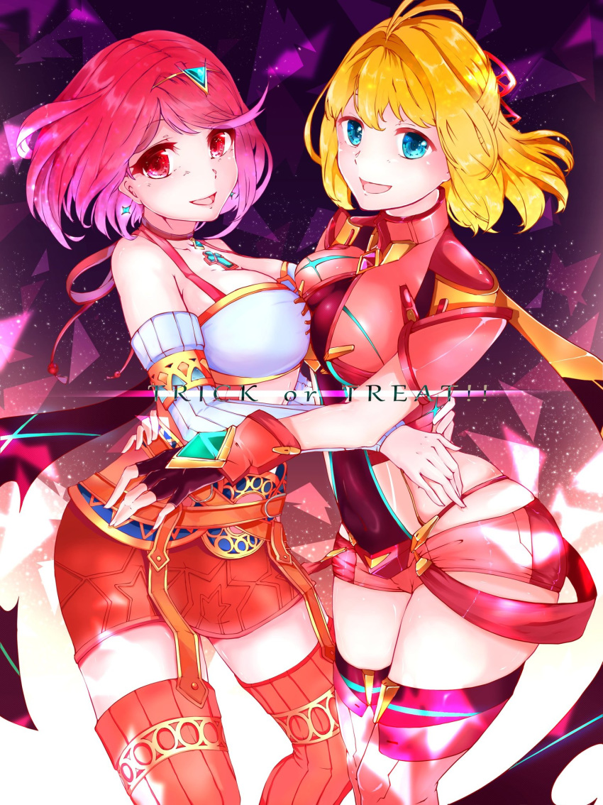 2girls bangs bare_shoulders blonde_hair blue_eyes breasts cosplay costume_switch detached_sleeves english_text fingerless_gloves fiorun garter_straps gloves hair_ornament hairclip headpiece highres homura_(xenoblade_2) hug jewelry large_breasts looking_at_viewer medium_breasts multiple_girls open_mouth red_eyes red_hair risumi_(taka-fallcherryblossom) short_hair skindentation smile swept_bangs thighhighs tiara xenoblade_(series) xenoblade_1 xenoblade_2