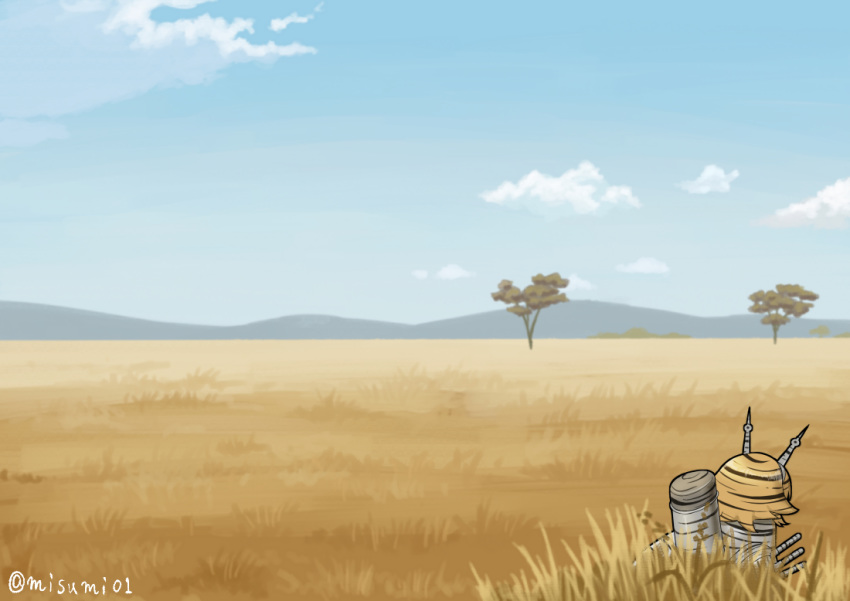 bush cloud day grass headgear kantai_collection kemono_friends misumi_(niku-kyu) mutsu_(kantai_collection) mutsu_(snail) no_humans outdoors plains_zebra_(kemono_friends) savanna_striped_giant_slug_(kemono_friends) savannah sky slug smokestack striped tree turret twitter_username zebra