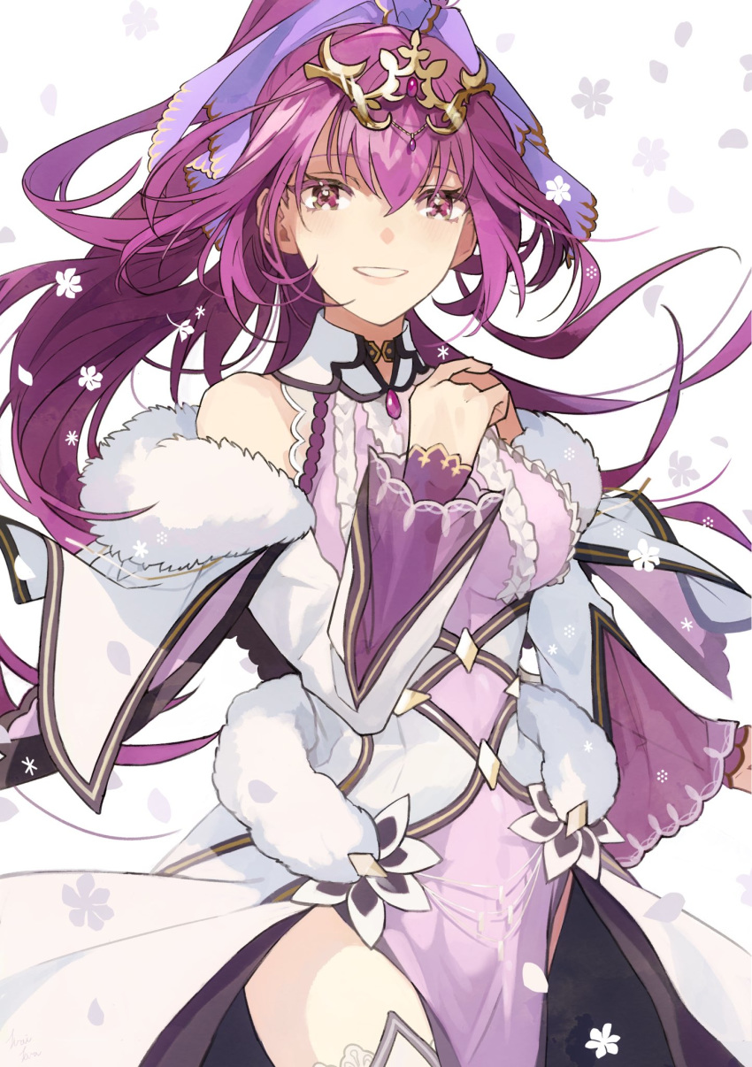 1girl bangs bare_shoulders blush breasts dress fate/grand_order fate_(series) fur-trimmed_dress fur_trim hair_between_eyes hair_ribbon highres jewelry large_breasts long_hair looking_at_viewer open_mouth pelvic_curtain pendant ponytail purple_dress purple_hair purple_ribbon red_eyes ribbon scathach_(fate)_(all) scathach_skadi_(fate/grand_order) shiroi_sora simple_background smile solo thighhighs thighs tiara white_background wide_sleeves