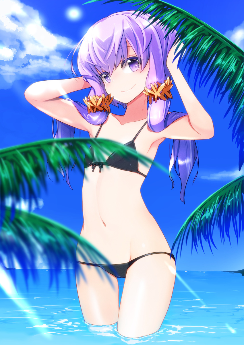 1girl bikini black_bikini blush collarbone commentary_request day eyebrows_visible_through_hair flat_chest hair_ornament highres in_water long_hair looking_at_viewer navel ocean outdoors pon_(shind_997) purple_eyes purple_hair smile solo swimsuit vocaloid yuzuki_yukari