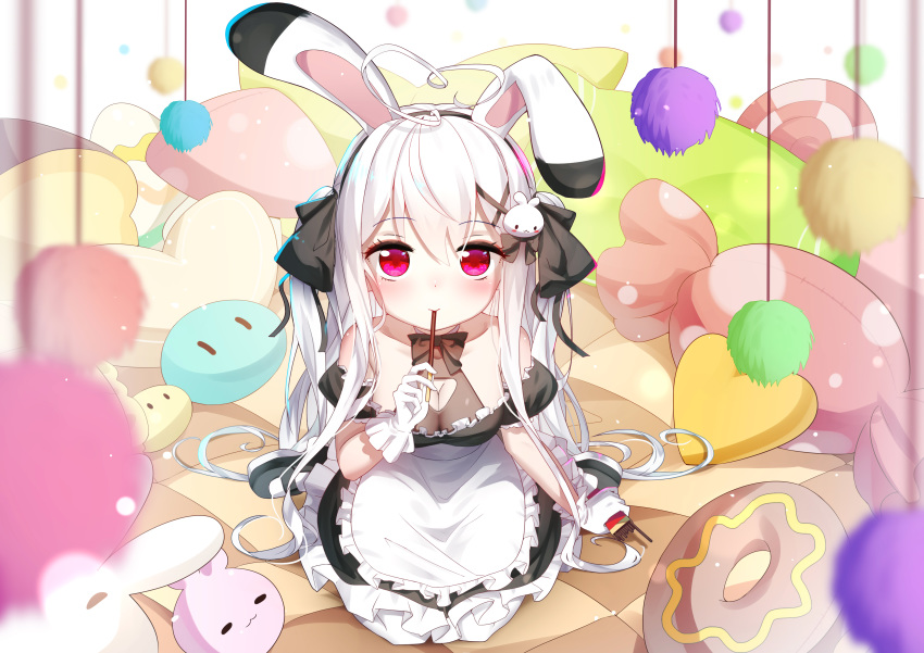 animal_ears apron bai_yemeng bed breasts bunny_ears cleavage food gloves long_hair maid original pocky red_eyes sen_ya tokisaki_mio twintails white_hair