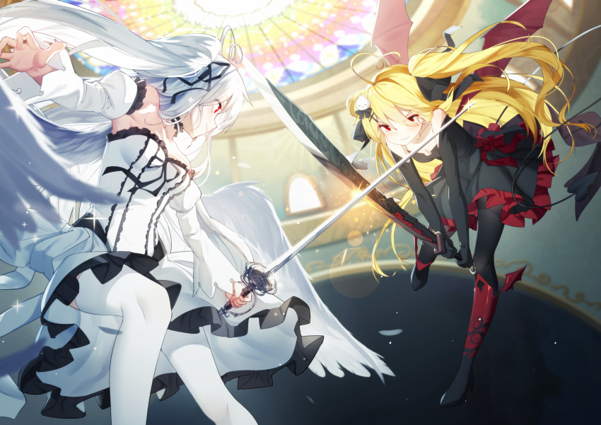 2girls bai_yemeng blonde_hair boots dress elbow_gloves gloves goth-loli lolita_fashion long_hair original pantyhose red_eyes ribbons signed sword thighhighs tokisaki_asaba tokisaki_mio twintails weapon white_hair wings