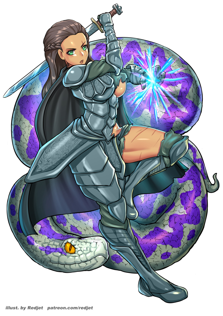 1girl absurdres armor artist_name bangs braid breasts brown_hair commentary commission copyright_request giovanni_zaccaria gloves green_eyes highres holding holding_sword holding_weapon large_breasts long_hair looking_at_viewer magic open_mouth scar scar_across_eye simple_background slit_pupils snake sword torn_clothes watermark weapon web_address white_background