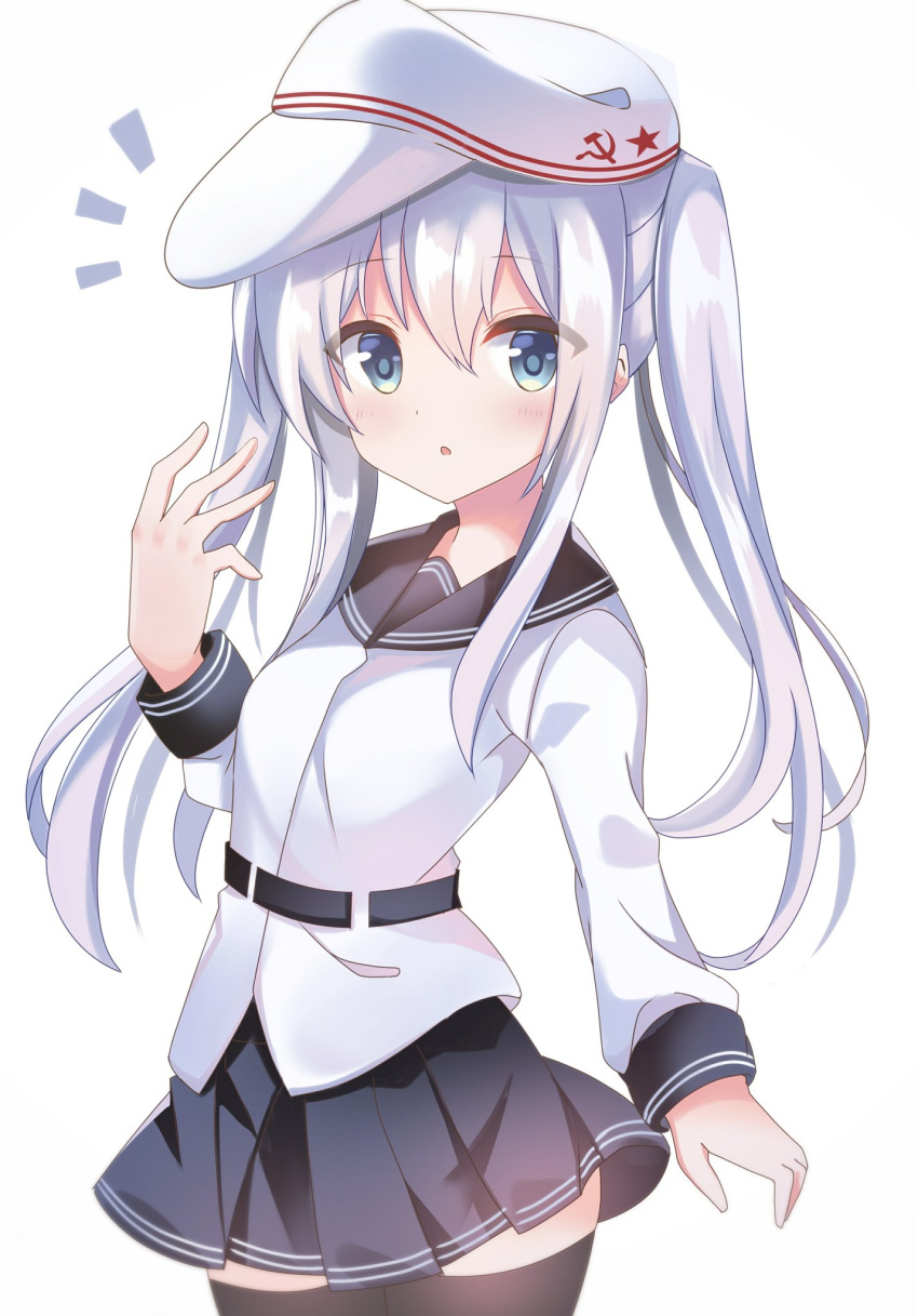 /\/\/\ 1girl alternate_hairstyle black_legwear black_sailor_collar black_skirt blue_eyes cowboy_shot fathom flat_cap hammer_and_sickle hat hibiki_(kantai_collection) highres kantai_collection looking_at_viewer pleated_skirt sailor_collar school_uniform serafuku silver_hair simple_background skirt solo thighhighs twintails verniy_(kantai_collection) white_background white_headwear