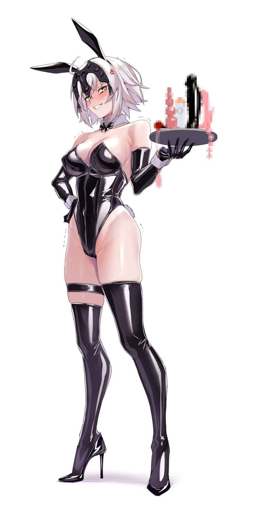 1girl absurdres ahoge anger_vein animal_ears bangs bare_shoulders black_footwear black_gloves black_legwear black_leotard blush breasts bunny_ears bunny_tail bunnysuit cleavage detached_collar dildo egg_vibrator elbow_gloves fantia_reward fate/grand_order fate_(series) full_body gloves grin hair_between_eyes hand_on_hip headpiece high_heels highres jeanne_d'arc_(alter)_(fate) jeanne_d'arc_(fate)_(all) large_breasts leotard looking_at_viewer paid_reward purple_leotard remote_control_vibrator short_hair silver_hair smile solo tail thigh_strap thighhighs tray trembling ulrich_(tagaragakuin) vibrator wrist_cuffs yellow_eyes