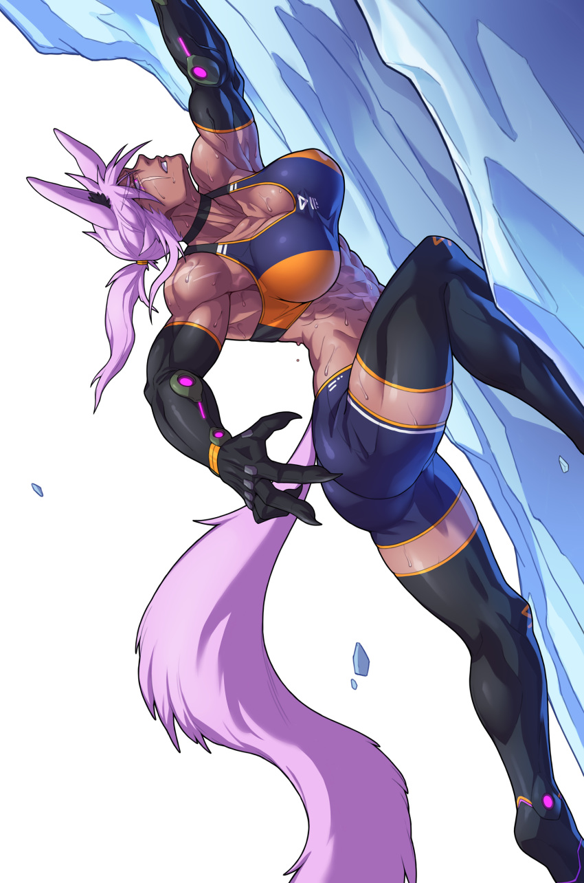 1girl abs absurdres animal_ear_fluff animal_ears ass bike_shorts black_choker black_gloves black_legwear breasts choker cleavage climbing commentary_request cyborg dantera_rina dark_skin elbow_gloves fingernails gloves highres huge_breasts hutago lavender_hair long_tail medium_hair muscle muscular_female original pink_eyes ponytail rock_climbing scar scar_across_eye sharp_fingernails solo sports_bra sweat tail thighhighs wolf_ears wolf_tail