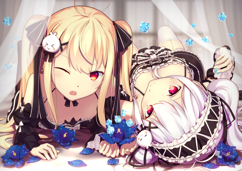 2girls blonde_hair bow flowers garter_belt goth-loli headdress lolita_fashion long_hair magicians original petals red_eyes ribbons stockings thighhighs tokisaki_asaba tokisaki_mio twintails white_hair wink