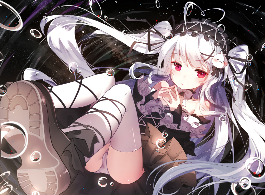 bai_yemeng bow bubbles cameltoe dress goth-loli headdress lolita_fashion long_hair original red_eyes ribbons signed thighhighs tokisaki_mio twintails white_hair