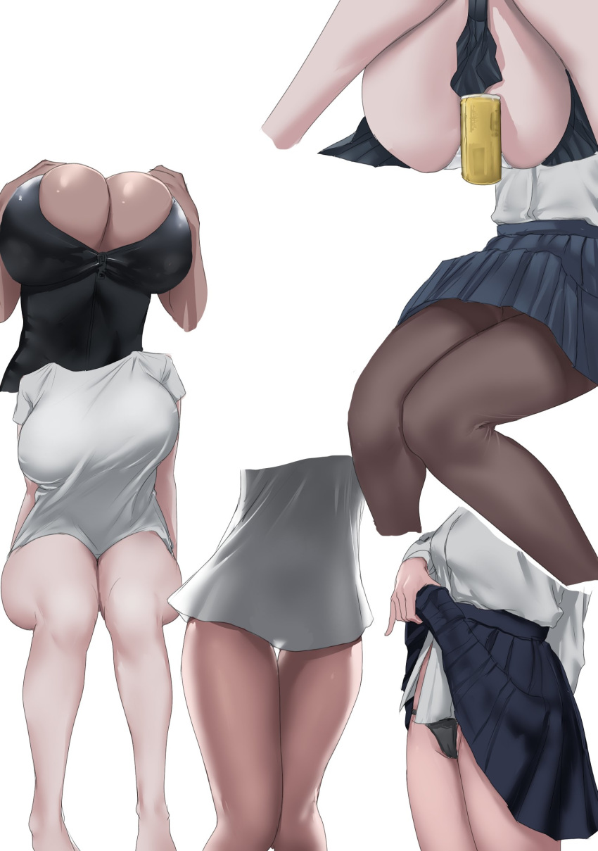 6+girls arm_behind_back black_legwear black_leotard black_panties blue_skirt breasts cleavage convenient_censoring cropped_legs cropped_torso cup dark_skin dress_shirt hands_on_own_chest highres invisible_chair large_breasts legs_up leotard lifted_by_self long_sleeves miniskirt multiple_girls no_pants original panties pantyhose pantyshot pantyshot_(sitting) pleated_skirt shirt short_sleeves simple_background sitting skirt skirt_lift standing strapless strapless_leotard t-shirt thigh_gap tomiokasena underwear white_background white_panties white_shirt