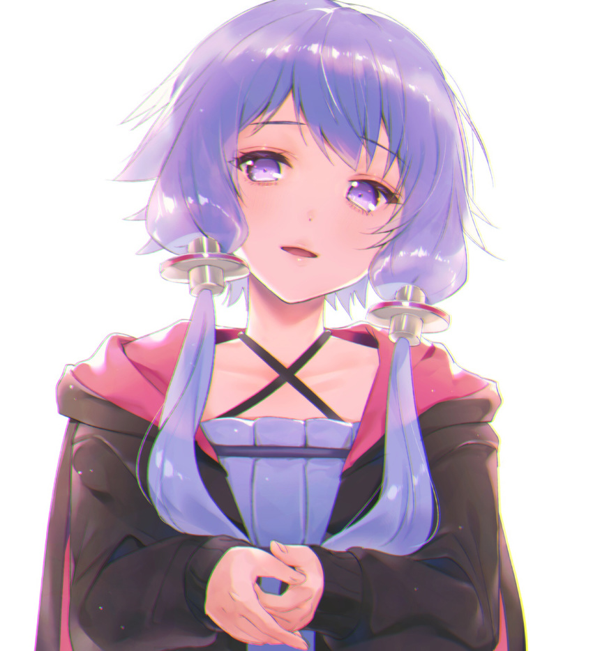 1girl animal_hood ayamori_mimi bangs black_jacket bunny_hood chromatic_aberration criss-cross_halter eyebrows_visible_through_hair halterneck head_tilt highres hood hooded_jacket jacket long_sleeves open_clothes open_jacket own_hands_together parted_lips purple_eyes purple_hair short_hair_with_long_locks sidelocks simple_background smile solo upper_body vocaloid voiceroid white_background yuzuki_yukari