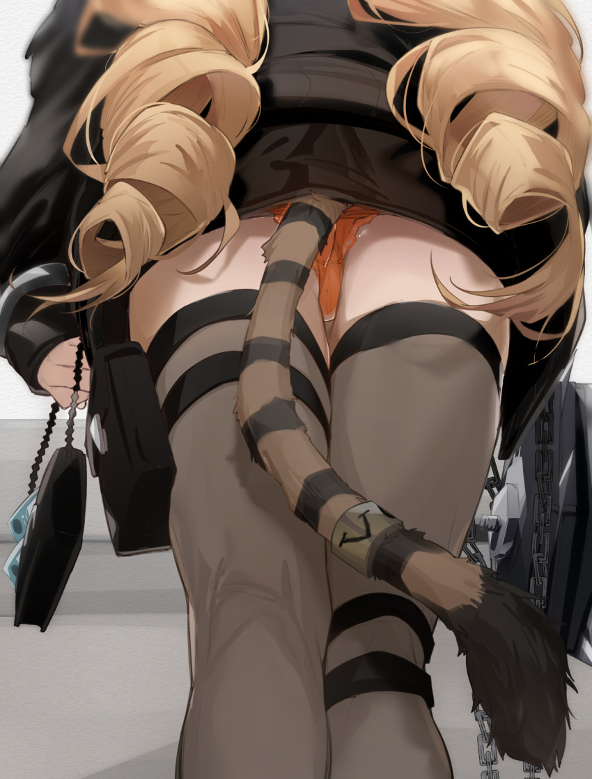 1girl arknights ass black_jacket black_skirt braid brown_hair brown_legwear chain commentary_request from_behind from_below highres holding jacket long_hair long_sleeves lower_body open_clothes open_jacket orange_panties panties skirt sleeves_past_wrists solo striped_tail swire_(arknights) tail tail_ring thighhighs tiger_tail twin_braids underwear uno_ryoku very_long_hair
