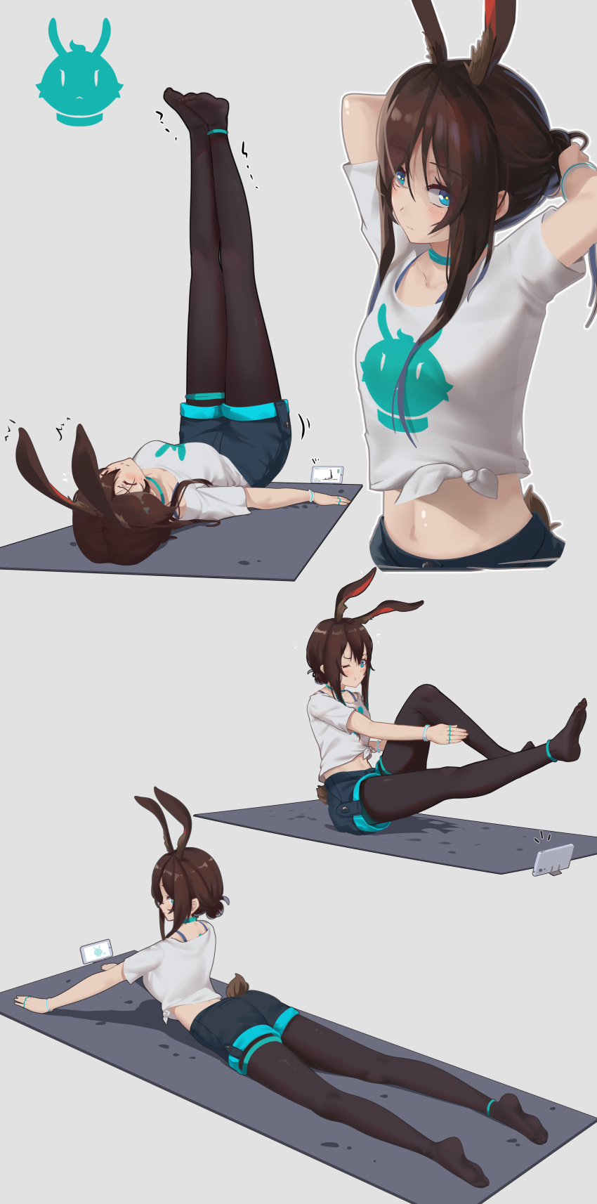 1girl ;t absurdres amiya_(arknights) animal_ears arknights ass black_shorts blue_choker blue_eyes blush breasts brown_hair brown_legwear bunny_ears bunny_girl bunny_tail cellphone choker closed_eyes closed_mouth commentary_request grey_background hair_bun hair_up highres leg_up legwear_under_shorts lying medium_breasts multiple_views no_shoes on_back on_stomach pantyhose phone profile shirt short_shorts short_sleeves shorts simple_background smartphone soles tail tied_shirt too-ye trembling white_shirt